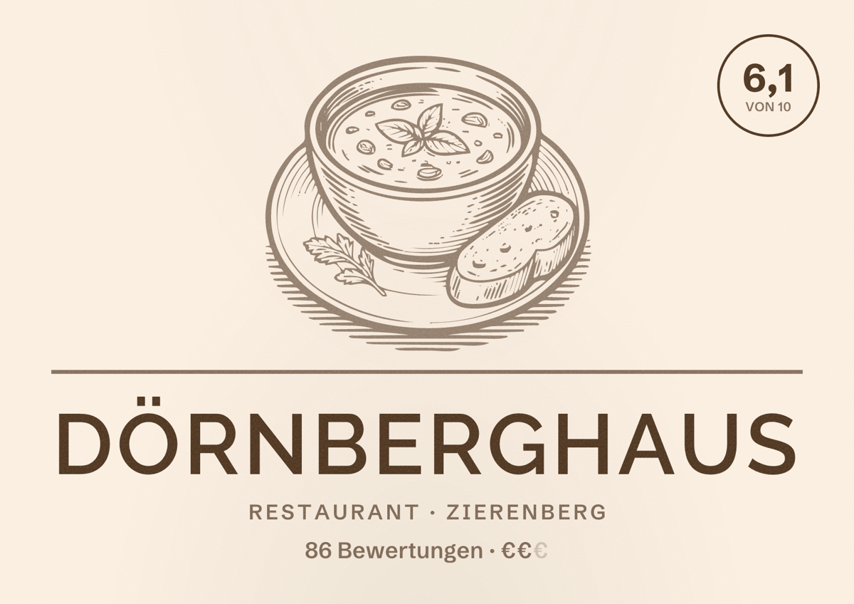Illustriertes Poster von Dörnberghaus, Restaurant in Zierenberg: Bewertung 6,1 von 10 aus 86 Bewertungen, Preisniveau €€