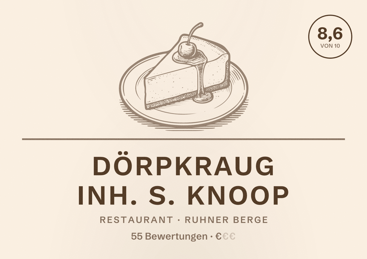 Illustriertes Poster von Dörpkraug Inh. S. Knoop, Restaurant in Ruhner Berge: Bewertung 8,6 von 10 aus 55 Bewertungen, Preisniveau €