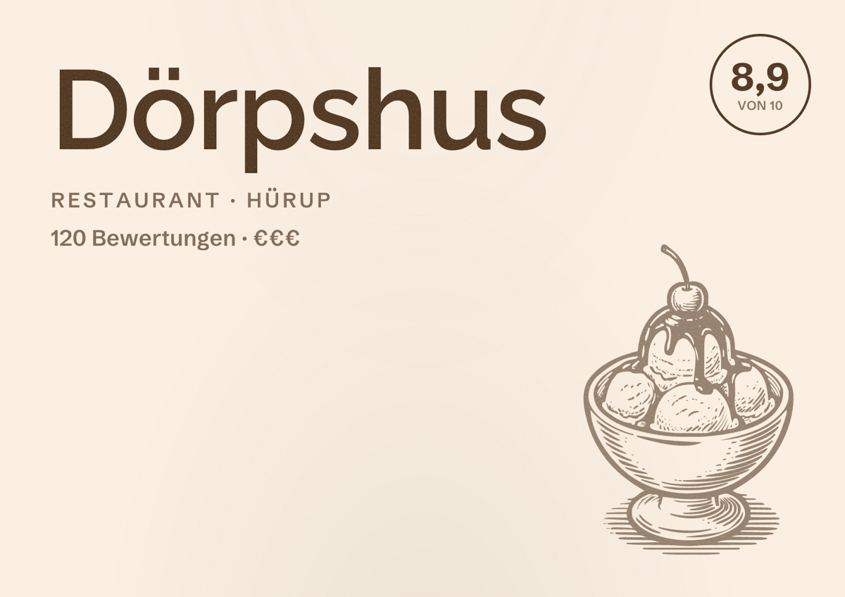 Illustriertes Poster von Dörpshus, Restaurant in Hürup: Bewertung 8,9 von 10 aus 120 Bewertungen, Preisniveau €€€