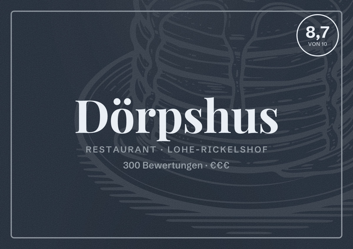 Illustriertes Poster von Dörpshus, Restaurant in Lohe-Rickelshof: Bewertung 8,7 von 10 aus 300 Bewertungen, Preisniveau €€€