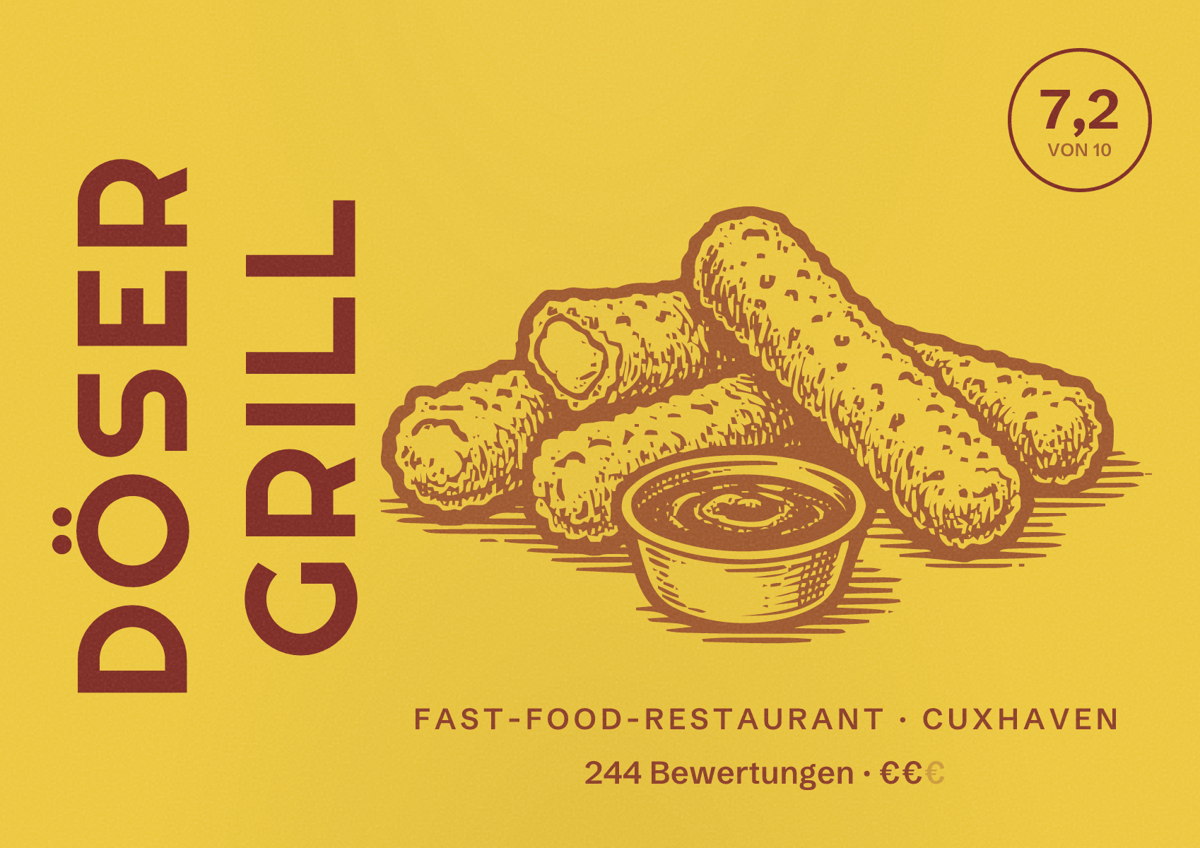 Illustriertes Poster von Döser Grill, Fast-Food-Restaurant in Cuxhaven: Bewertung 7,2 von 10 aus 244 Bewertungen, Preisniveau €€