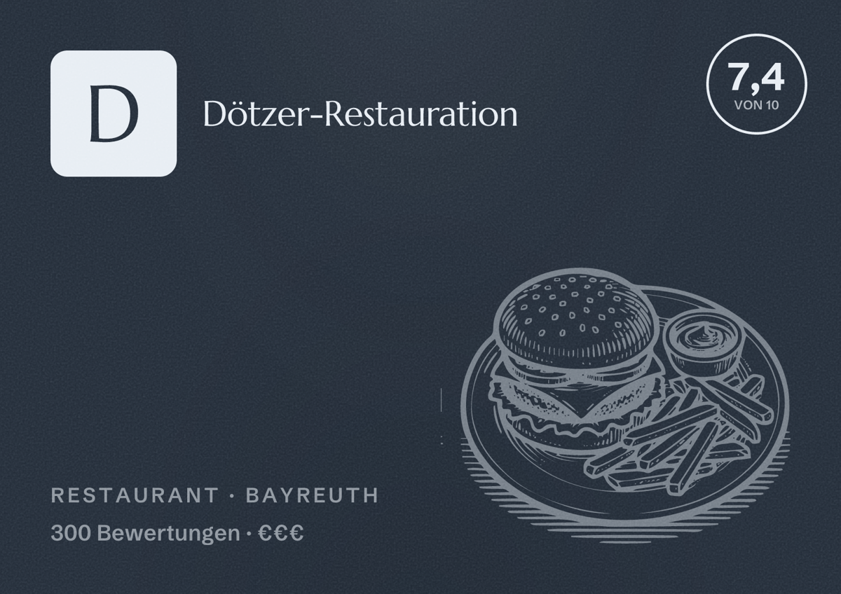 Illustriertes Poster von Dötzer-Restauration, Restaurant in Bayreuth: Bewertung 7,4 von 10 aus 300 Bewertungen, Preisniveau €€€