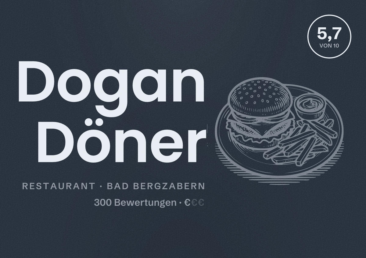 Illustriertes Poster von Dogan Döner, Restaurant in Bad Bergzabern: Bewertung 5,7 von 10 aus 300 Bewertungen, Preisniveau €