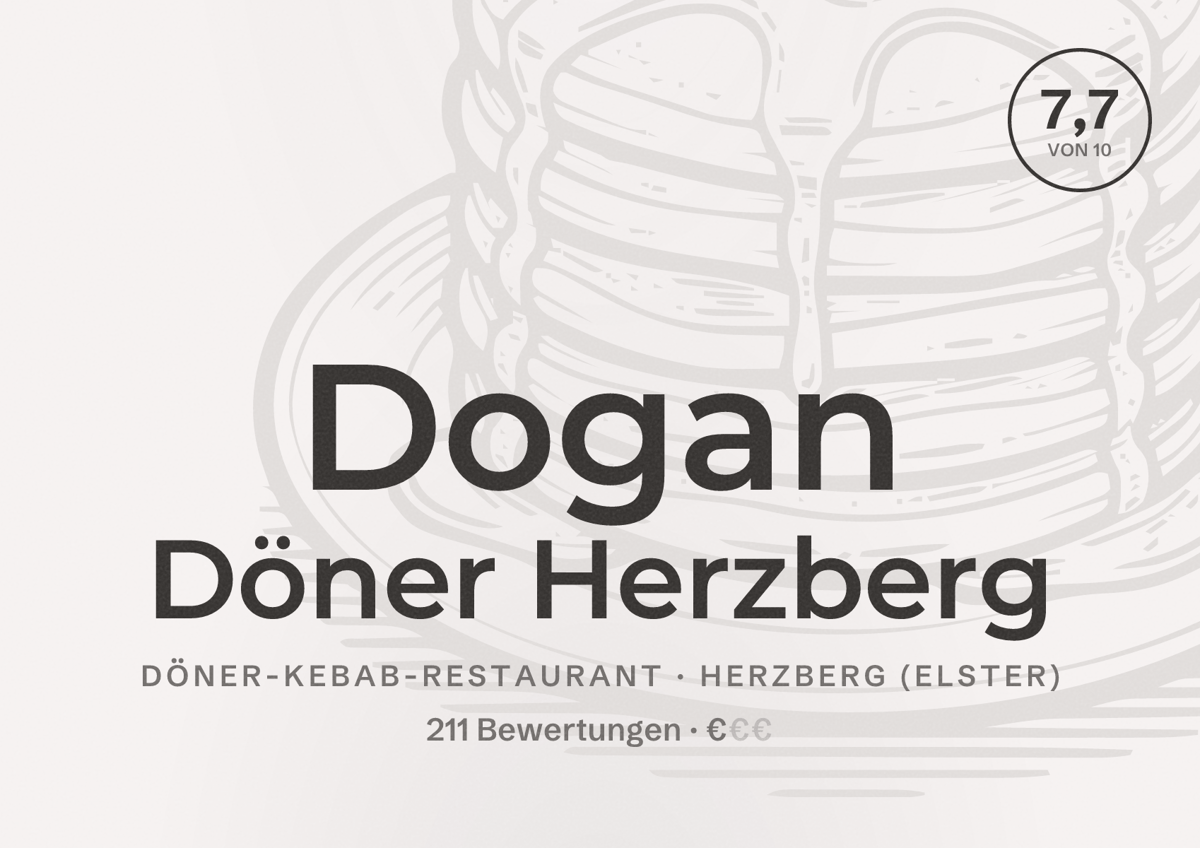 Illustriertes Poster von Dogan Döner Herzberg, Döner-Kebab-Restaurant in Herzberg (Elster): Bewertung 7,7 von 10 aus 211 Bewertungen, Preisniveau €