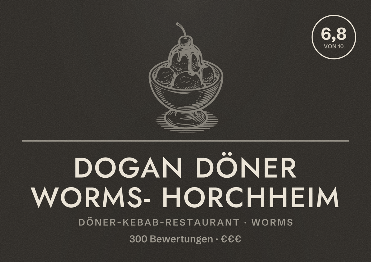 Illustriertes Poster von Dogan Döner Worms- Horchheim, Döner-Kebab-Restaurant in Worms: Bewertung 6,8 von 10 aus 300 Bewertungen, Preisniveau €€€