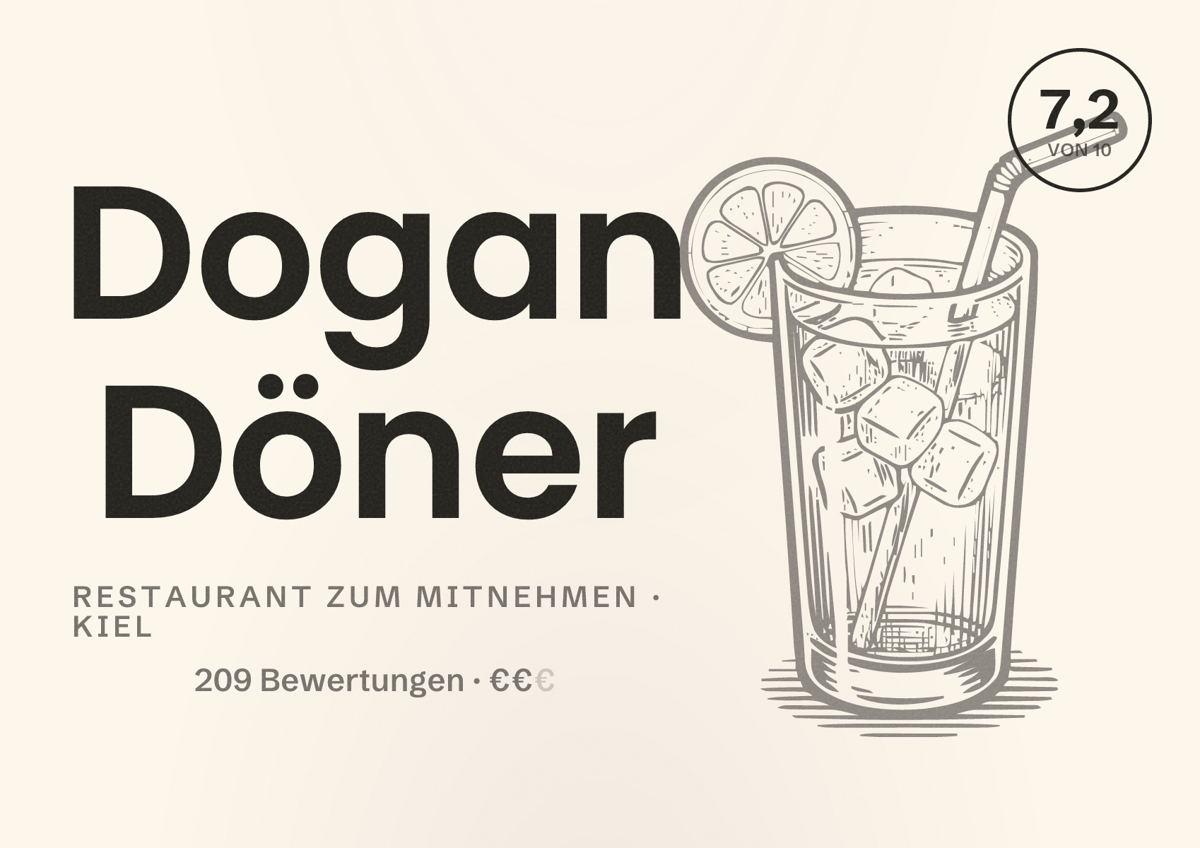 Illustriertes Poster von Dogan Döner, Restaurant zum Mitnehmen in Kiel: Bewertung 7,2 von 10 aus 209 Bewertungen, Preisniveau €€