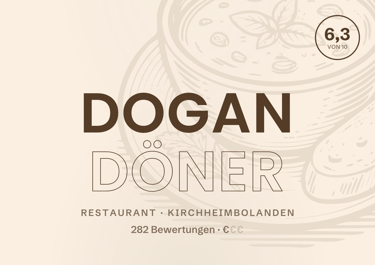 Illustriertes Poster von Dogan Döner, Restaurant in Kirchheimbolanden: Bewertung 6,3 von 10 aus 282 Bewertungen, Preisniveau €
