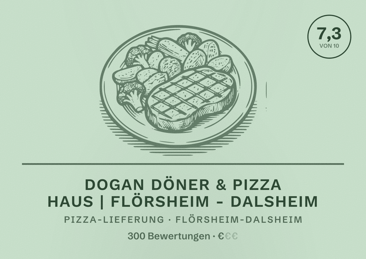 Illustriertes Poster von Dogan Döner & Pizza Haus | Flörsheim - Dalsheim, Pizza-Lieferung in Flörsheim-Dalsheim: Bewertung 7,3 von 10 aus 300 Bewertungen, Preisniveau €