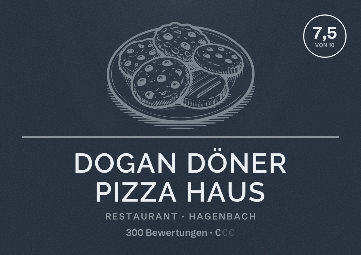 Illustriertes Poster von Dogan Döner Pizza Haus, Restaurant in Hagenbach: Bewertung 7,5 von 10 aus 300 Bewertungen, Preisniveau €