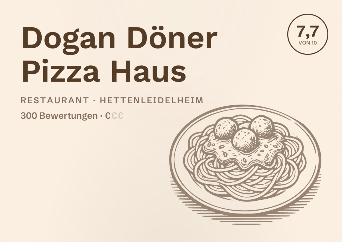 Illustriertes Poster von Dogan Döner Pizza Haus, Restaurant in Hettenleidelheim: Bewertung 7,7 von 10 aus 300 Bewertungen, Preisniveau €