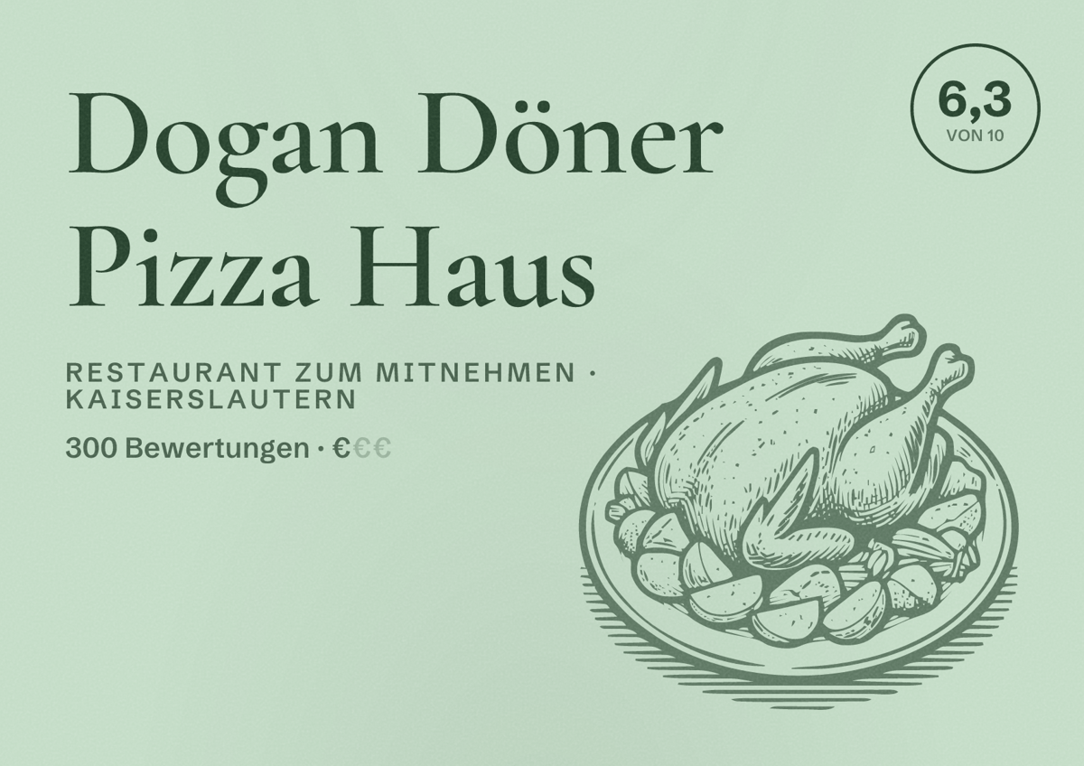 Illustriertes Poster von Dogan Döner Pizza Haus, Restaurant zum Mitnehmen in Kaiserslautern: Bewertung 6,3 von 10 aus 300 Bewertungen, Preisniveau €