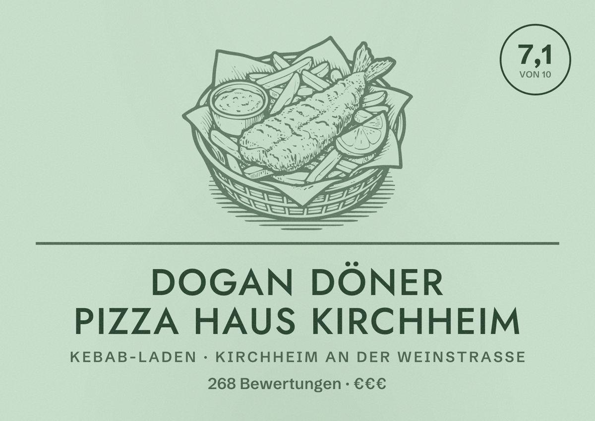 Illustriertes Poster von Dogan Döner Pizza Haus Kirchheim, Kebab-Laden in Kirchheim an der Weinstraße: Bewertung 7,1 von 10 aus 268 Bewertungen, Preisniveau €€€