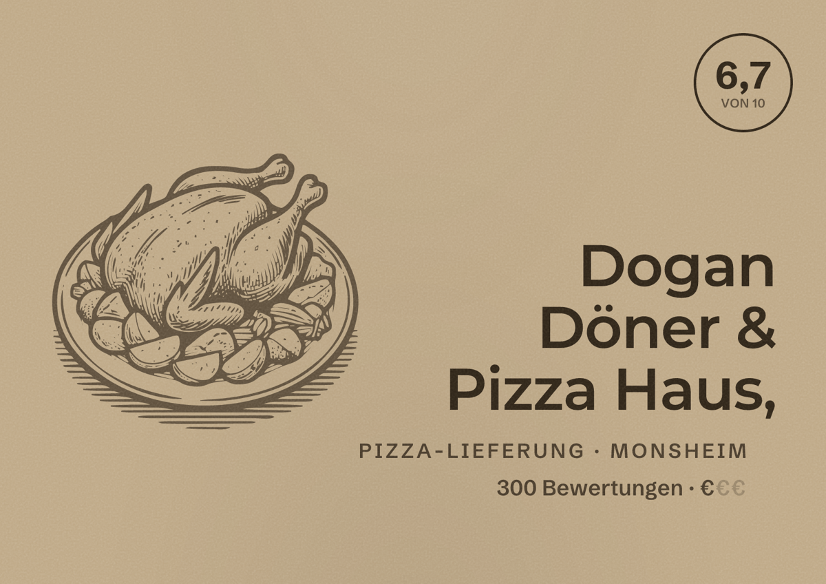 Illustriertes Poster von Dogan Döner & Pizza Haus,, Pizza-Lieferung in Monsheim: Bewertung 6,7 von 10 aus 300 Bewertungen, Preisniveau €