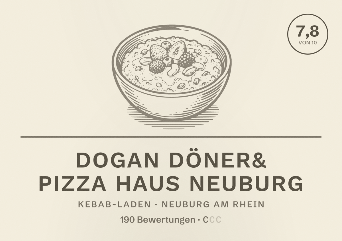 Illustriertes Poster von Dogan Döner& Pizza Haus Neuburg, Kebab-Laden in Neuburg am Rhein: Bewertung 7,8 von 10 aus 190 Bewertungen, Preisniveau €