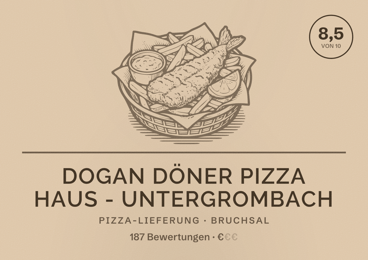 Illustriertes Poster von Dogan Döner Pizza Haus - Untergrombach, Pizza-Lieferung in Bruchsal: Bewertung 8,5 von 10 aus 187 Bewertungen, Preisniveau €