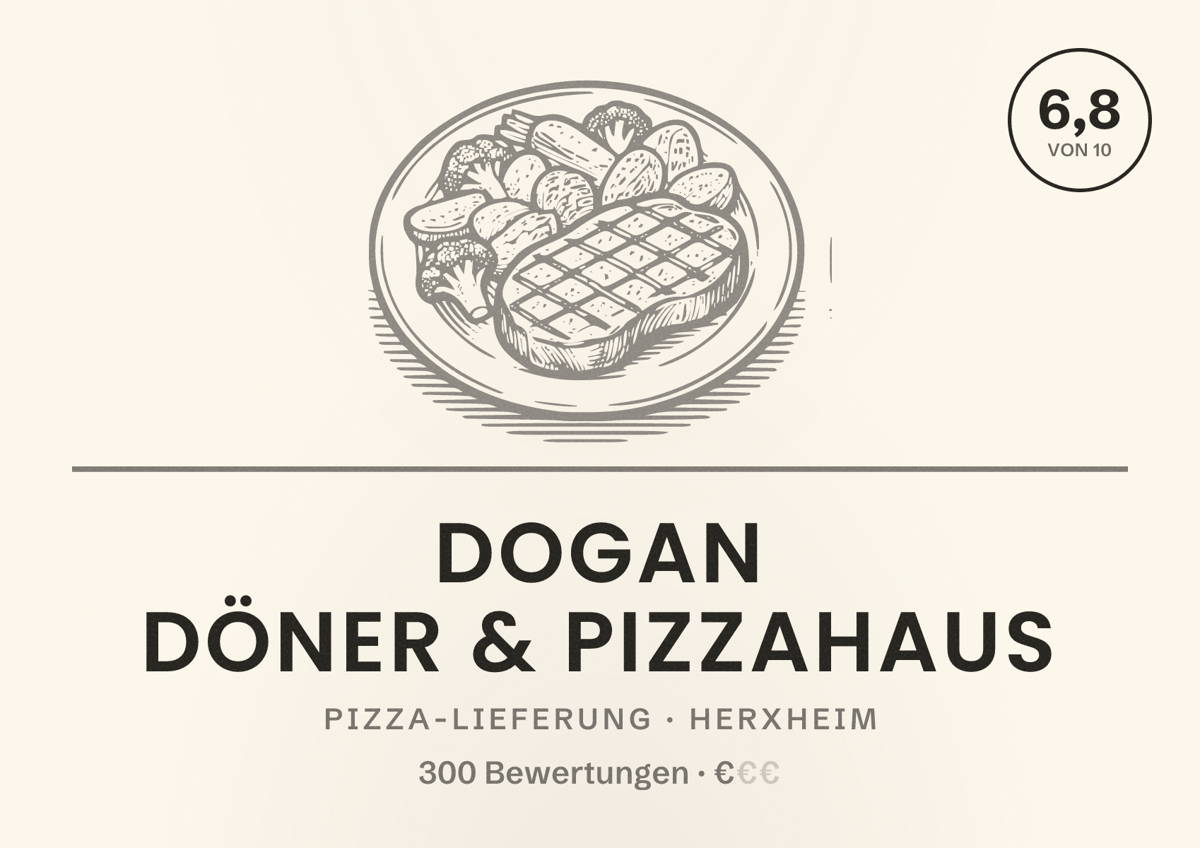 Illustriertes Poster von Dogan Döner & Pizzahaus, Pizza-Lieferung in Herxheim: Bewertung 6,8 von 10 aus 300 Bewertungen, Preisniveau €
