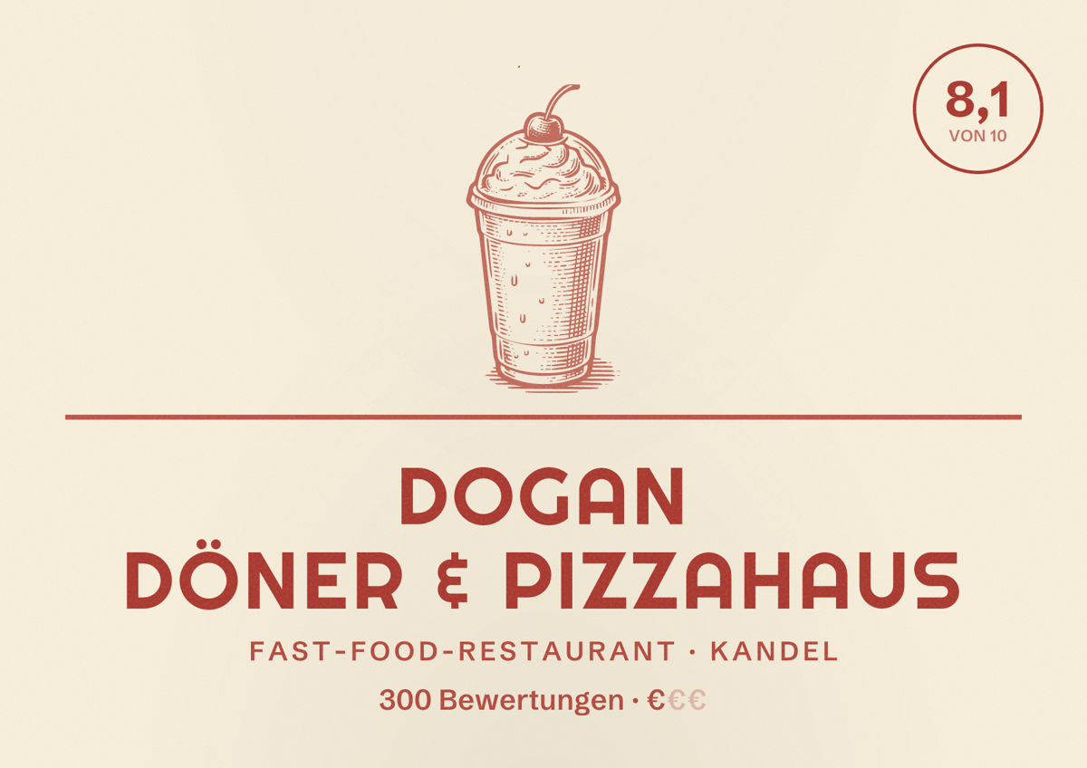 Illustriertes Poster von Dogan Döner & Pizzahaus, Fast-Food-Restaurant in Kandel: Bewertung 8,1 von 10 aus 300 Bewertungen, Preisniveau €