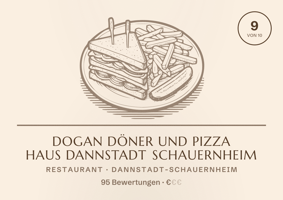 Illustriertes Poster von Dogan Döner und Pizza Haus Dannstadt Schauernheim, Restaurant in Dannstadt-Schauernheim: Bewertung 9 von 10 aus 95 Bewertungen, Preisniveau €