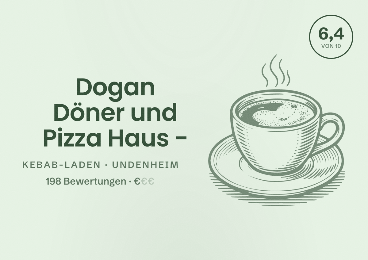 Illustriertes Poster von Dogan Döner und Pizza Haus -, Kebab-Laden in Undenheim: Bewertung 6,4 von 10 aus 198 Bewertungen, Preisniveau €