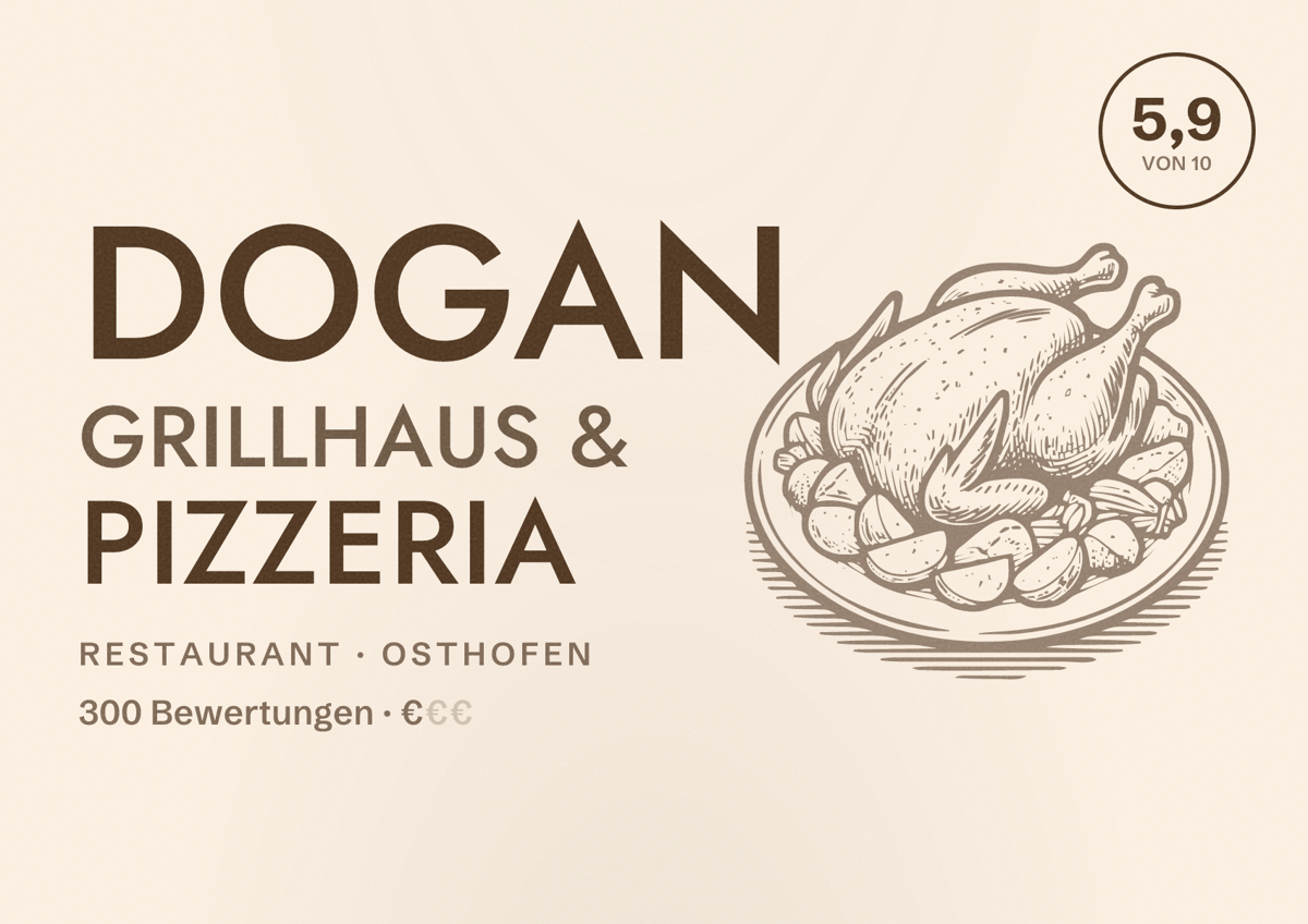 Illustriertes Poster von Dogan Grillhaus & Pizzeria, Restaurant in Osthofen: Bewertung 5,9 von 10 aus 300 Bewertungen, Preisniveau €