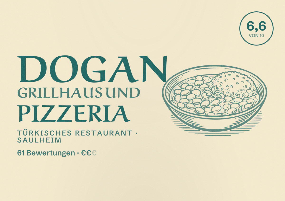 Illustriertes Poster von Dogan Grillhaus und Pizzeria, Türkisches Restaurant in Saulheim: Bewertung 6,6 von 10 aus 61 Bewertungen, Preisniveau €€
