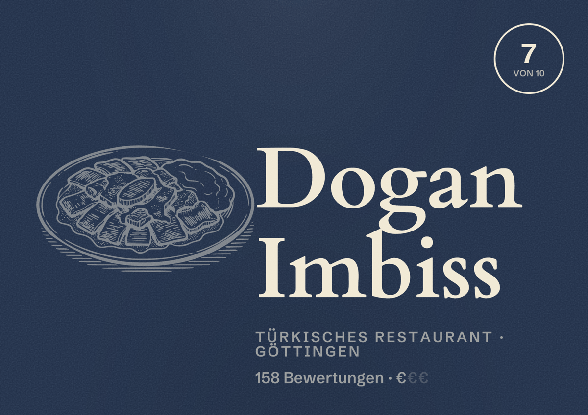 Illustriertes Poster von Dogan Imbiss, Türkisches Restaurant in Göttingen: Bewertung 7 von 10 aus 158 Bewertungen, Preisniveau €