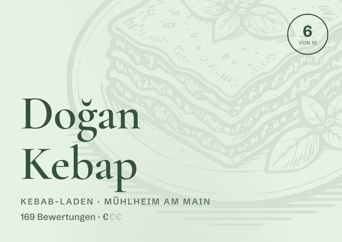 Illustriertes Poster von Doğan Kebap, Kebab-Laden in Mühlheim am Main: Bewertung 6 von 10 aus 169 Bewertungen, Preisniveau €