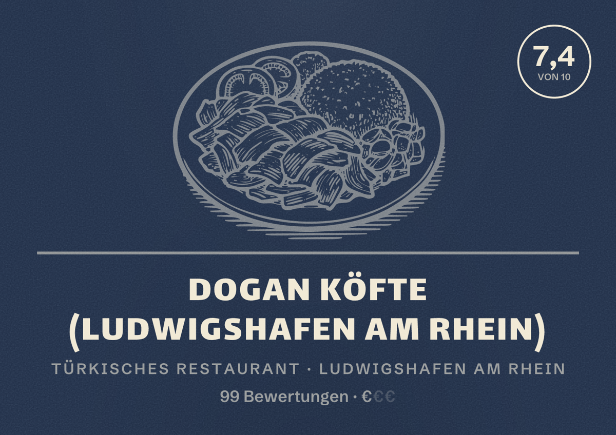 Illustriertes Poster von Dogan Köfte (Ludwigshafen am Rhein), Türkisches Restaurant in Ludwigshafen am Rhein: Bewertung 7,4 von 10 aus 99 Bewertungen, Preisniveau €
