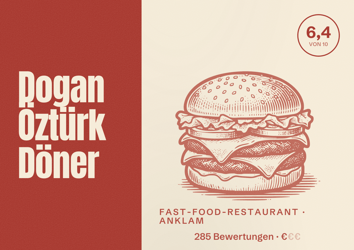 Illustriertes Poster von Dogan Öztürk Döner, Fast-Food-Restaurant in Anklam: Bewertung 6,4 von 10 aus 285 Bewertungen, Preisniveau €