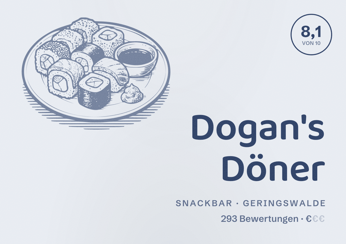 Illustriertes Poster von Dogan's Döner, Snackbar in Geringswalde: Bewertung 8,1 von 10 aus 293 Bewertungen, Preisniveau €