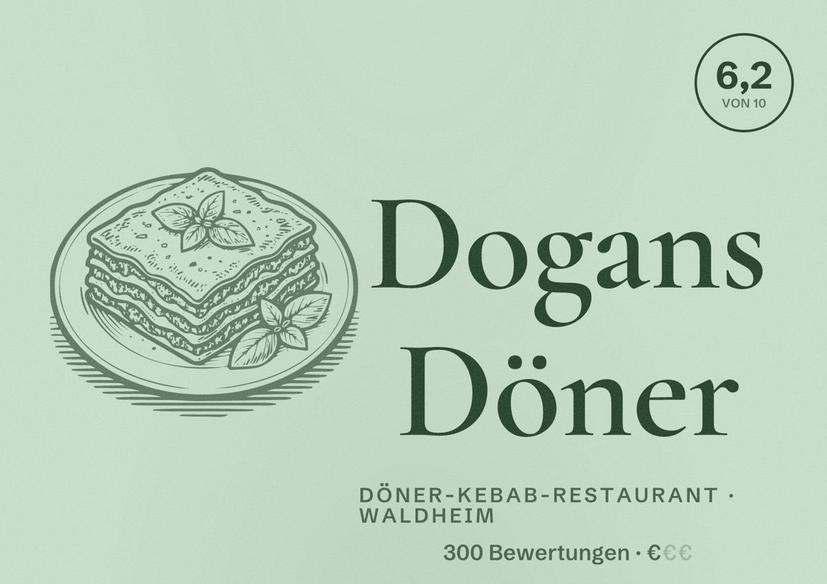 Illustriertes Poster von Dogans Döner, Döner-Kebab-Restaurant in Waldheim: Bewertung 6,2 von 10 aus 300 Bewertungen, Preisniveau €