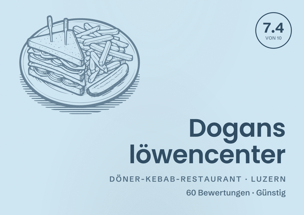 Illustriertes Poster von Dogans löwencenter, Döner-Kebab-Restaurant in Luzern: Bewertung 7.4 von 10 aus 60 Bewertungen, Preisniveau Günstig