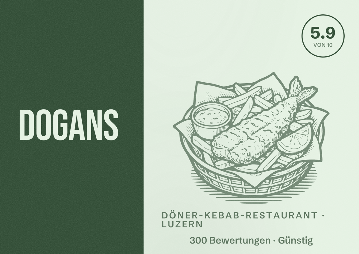 Illustriertes Poster von Dogans, Döner-Kebab-Restaurant in Luzern: Bewertung 5.9 von 10 aus 300 Bewertungen, Preisniveau Günstig