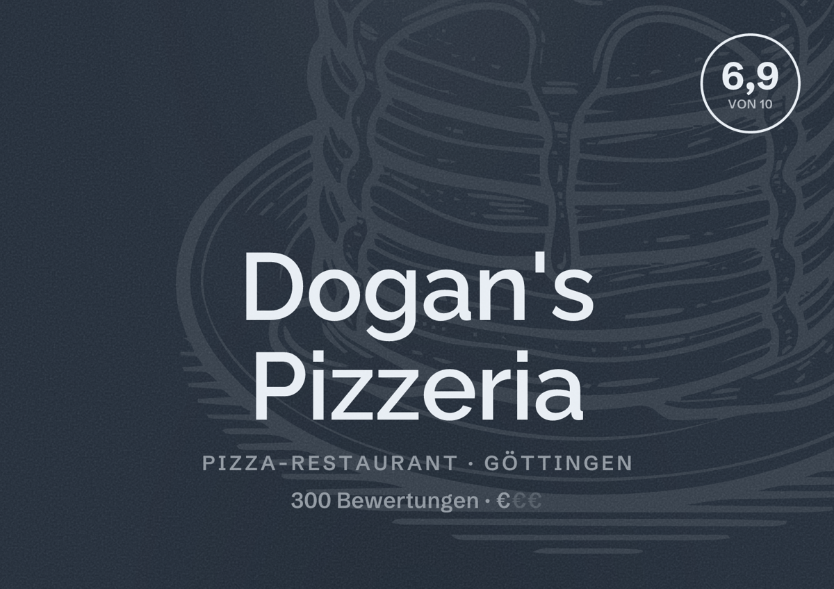 Illustriertes Poster von Dogan's Pizzeria, Pizza-Restaurant in Göttingen: Bewertung 6,9 von 10 aus 300 Bewertungen, Preisniveau €