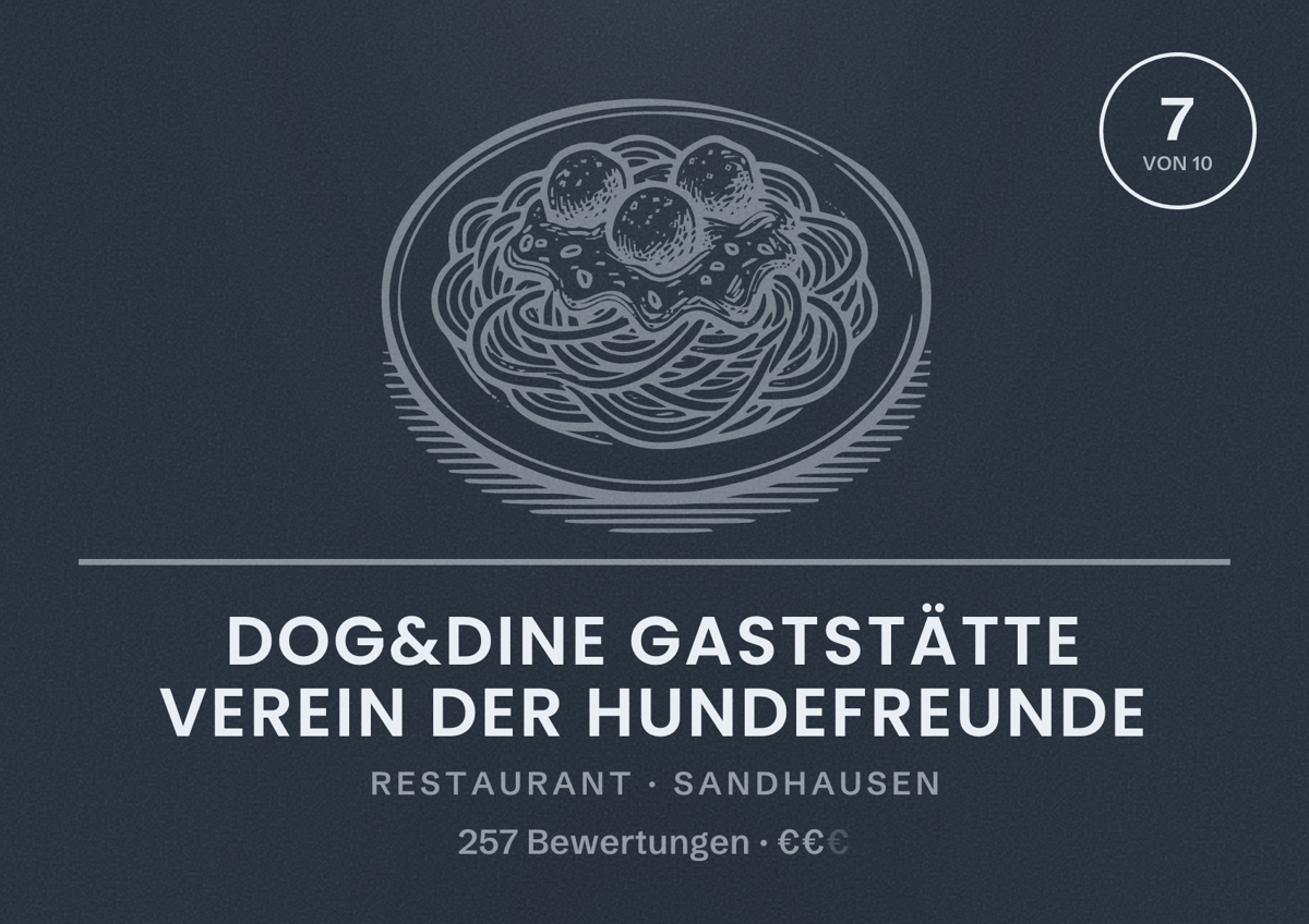 Illustriertes Poster von Dog&Dine Gaststätte Verein der Hundefreunde, Restaurant in Sandhausen: Bewertung 7 von 10 aus 257 Bewertungen, Preisniveau €€