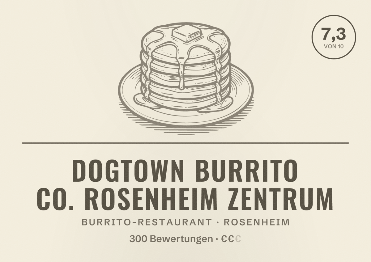 Illustriertes Poster von DOGTOWN BURRITO CO. Rosenheim Zentrum, Burrito-Restaurant in Rosenheim: Bewertung 7,3 von 10 aus 300 Bewertungen, Preisniveau €€