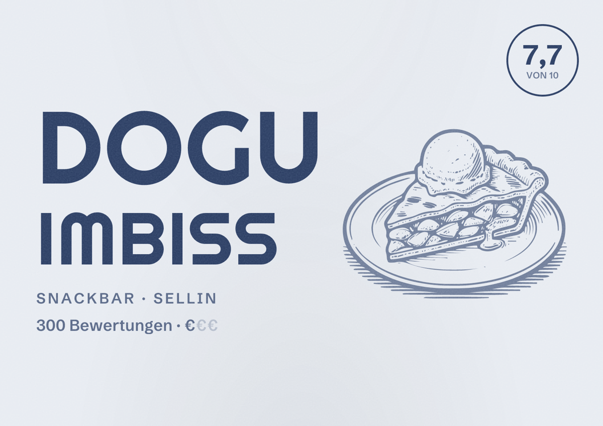 Illustriertes Poster von Dogu Imbiss, Snackbar in Sellin: Bewertung 7,7 von 10 aus 300 Bewertungen, Preisniveau €