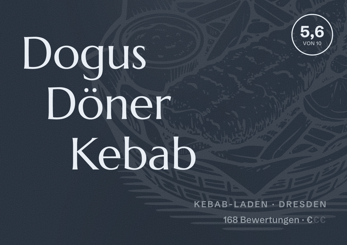 Illustriertes Poster von Dogus Döner Kebab, Kebab-Laden in Dresden: Bewertung 5,6 von 10 aus 168 Bewertungen, Preisniveau €