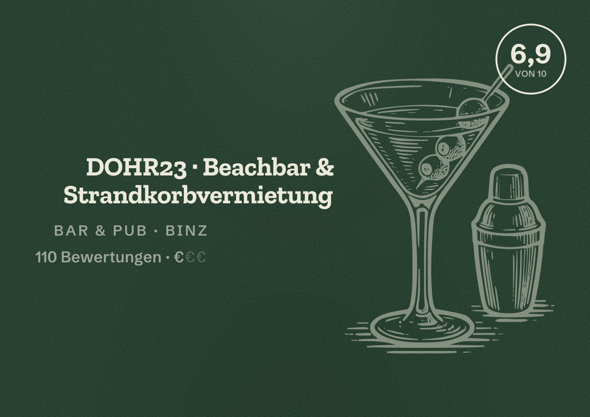Illustriertes Poster von DOHR23 · Beachbar & Strandkorbvermietung, Bar & Pub in Binz: Bewertung 6,9 von 10 aus 110 Bewertungen, Preisniveau €