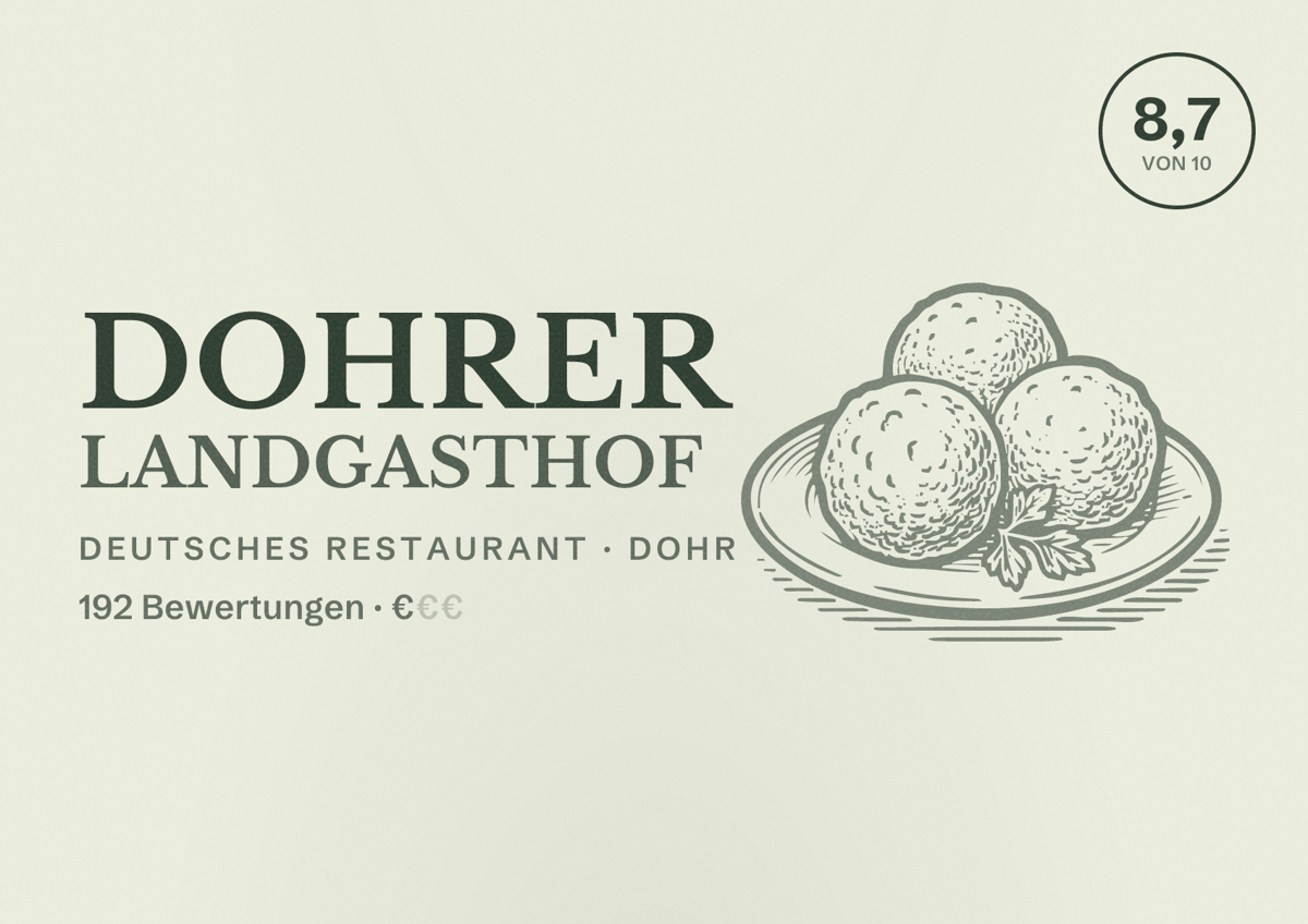 Illustriertes Poster von Dohrer Landgasthof, Deutsches Restaurant in Dohr: Bewertung 8,7 von 10 aus 192 Bewertungen, Preisniveau €
