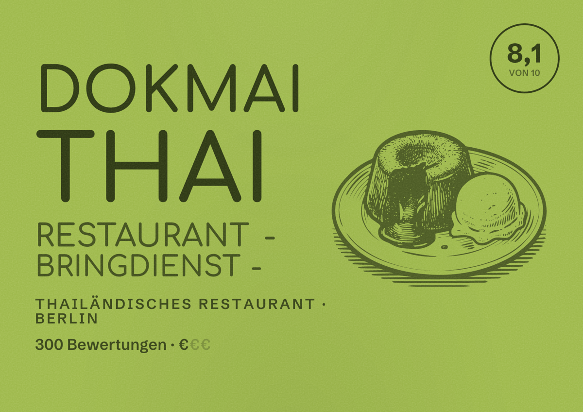 Illustriertes Poster von Dokmai Thai Restaurant - Bringdienst -, Thailändisches Restaurant in Berlin: Bewertung 8,1 von 10 aus 300 Bewertungen, Preisniveau €