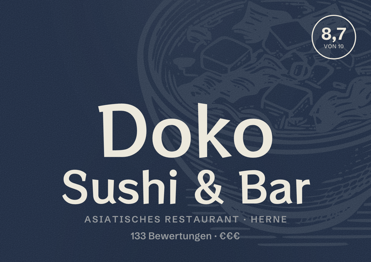 Illustriertes Poster von Doko Sushi & Bar, Asiatisches Restaurant in Herne: Bewertung 8,7 von 10 aus 133 Bewertungen, Preisniveau €€€