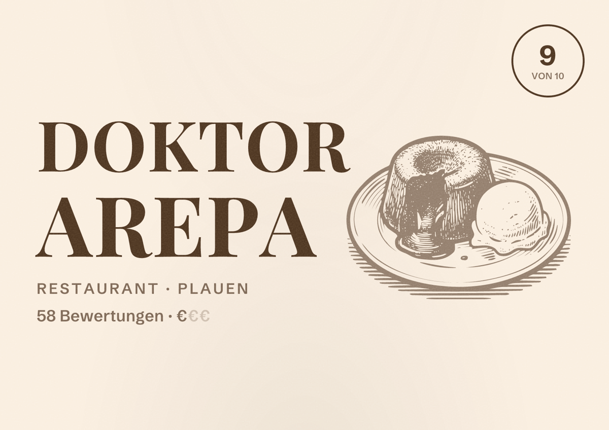 Illustriertes Poster von Doktor Arepa, Restaurant in Plauen: Bewertung 9 von 10 aus 58 Bewertungen, Preisniveau €