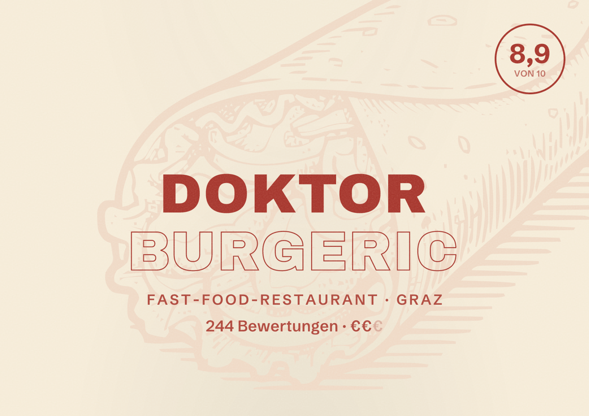 Illustriertes Poster von DOKTOR BURGERIC, Fast-Food-Restaurant in Graz: Bewertung 8,9 von 10 aus 244 Bewertungen, Preisniveau €€