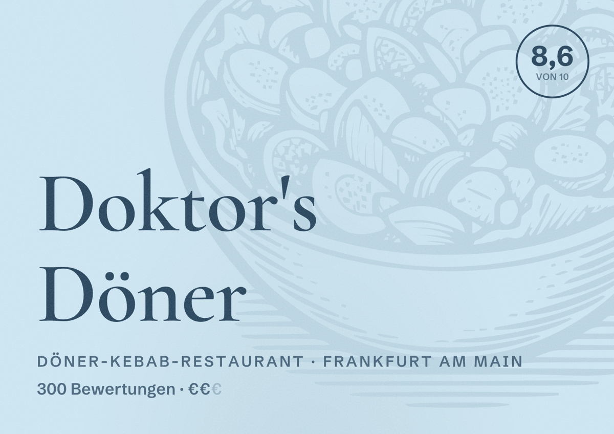 Illustriertes Poster von Doktor's Döner, Döner-Kebab-Restaurant in Frankfurt am Main: Bewertung 8,6 von 10 aus 300 Bewertungen, Preisniveau €€