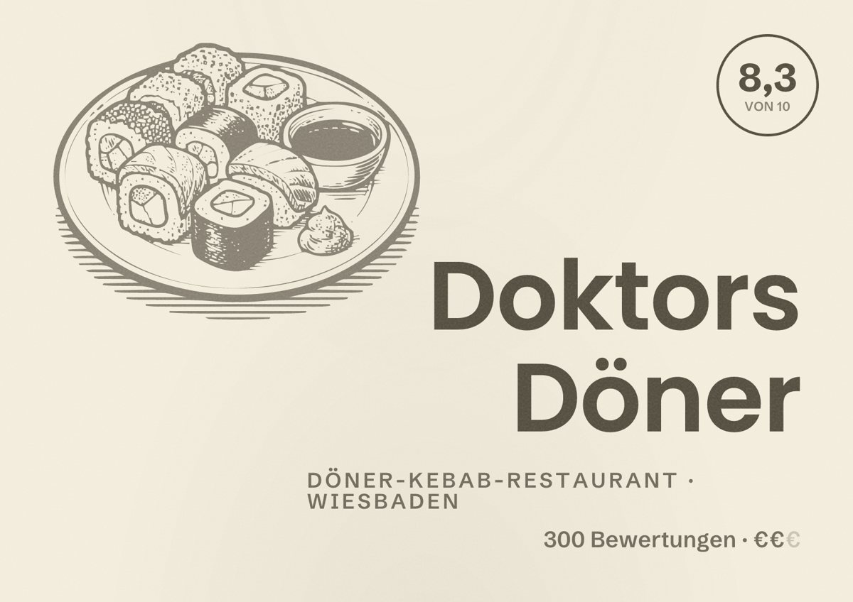 Illustriertes Poster von Doktors Döner, Döner-Kebab-Restaurant in Wiesbaden: Bewertung 8,3 von 10 aus 300 Bewertungen, Preisniveau €€