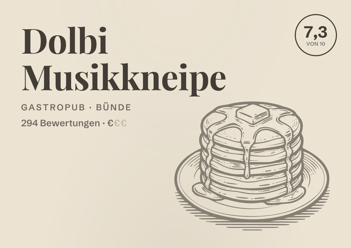 Illustriertes Poster von Dolbi Musikkneipe, Gastropub in Bünde: Bewertung 7,3 von 10 aus 294 Bewertungen, Preisniveau €