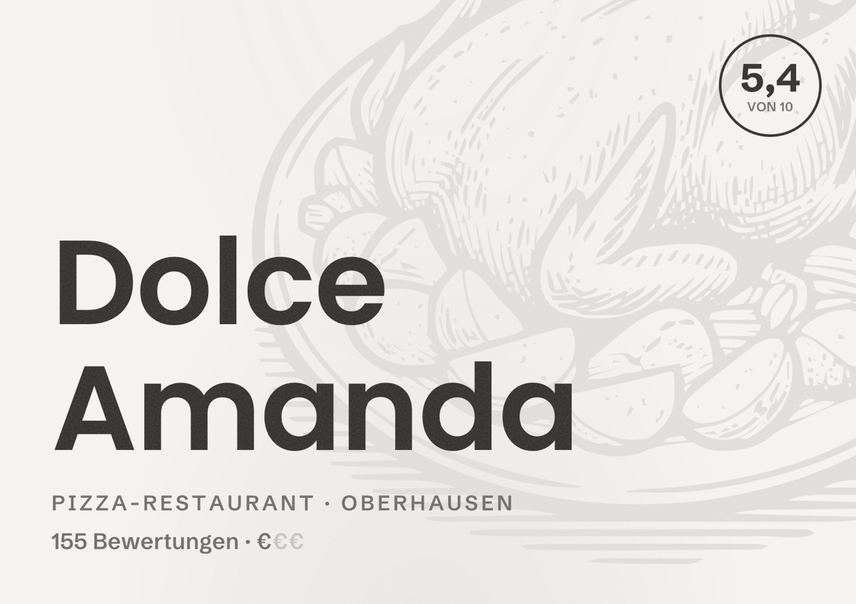 Illustriertes Poster von Dolce Amanda, Pizza-Restaurant in Oberhausen: Bewertung 5,4 von 10 aus 155 Bewertungen, Preisniveau €