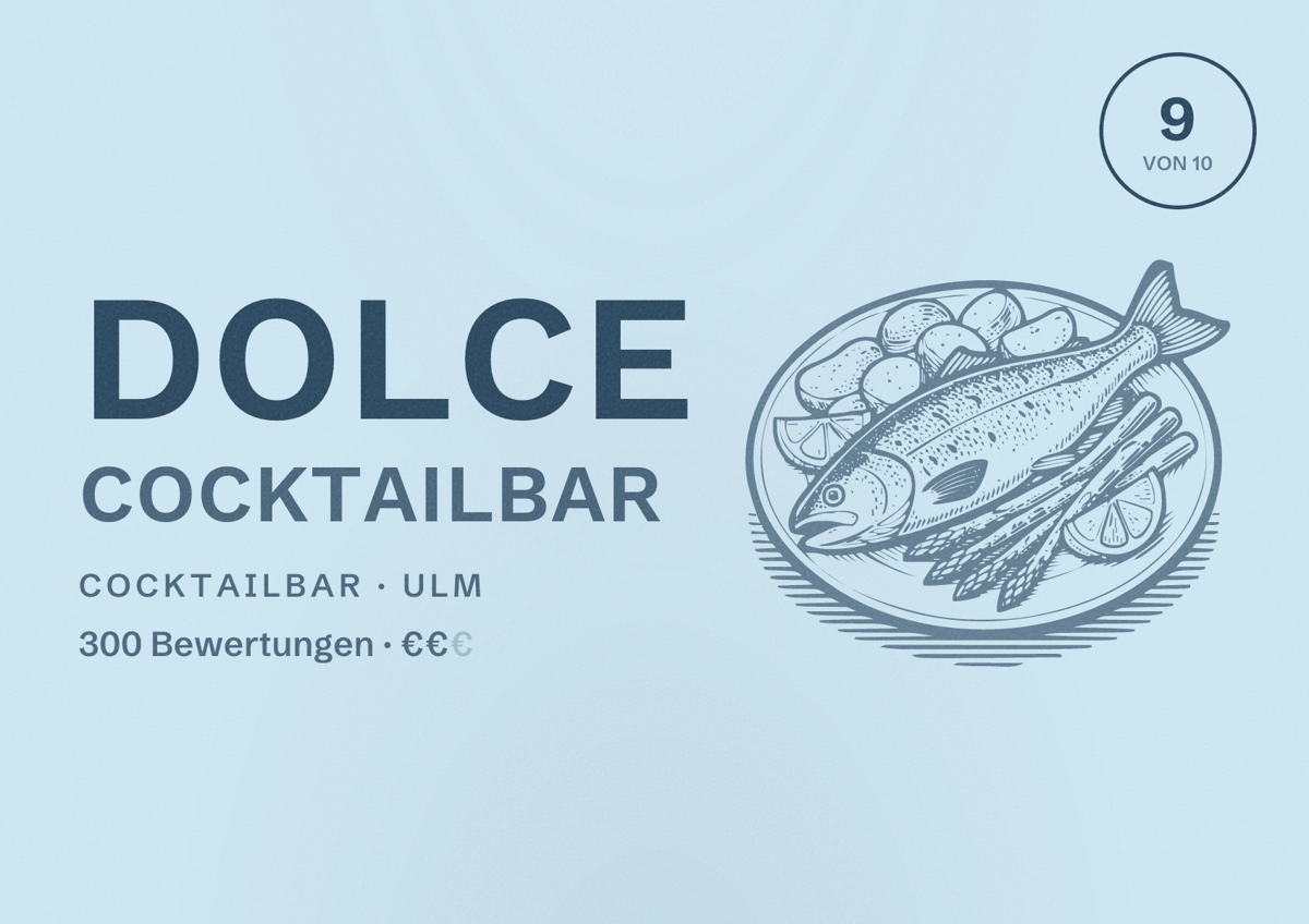 Illustriertes Poster von Dolce Cocktailbar, Cocktailbar in Ulm: Bewertung 9 von 10 aus 300 Bewertungen, Preisniveau €€