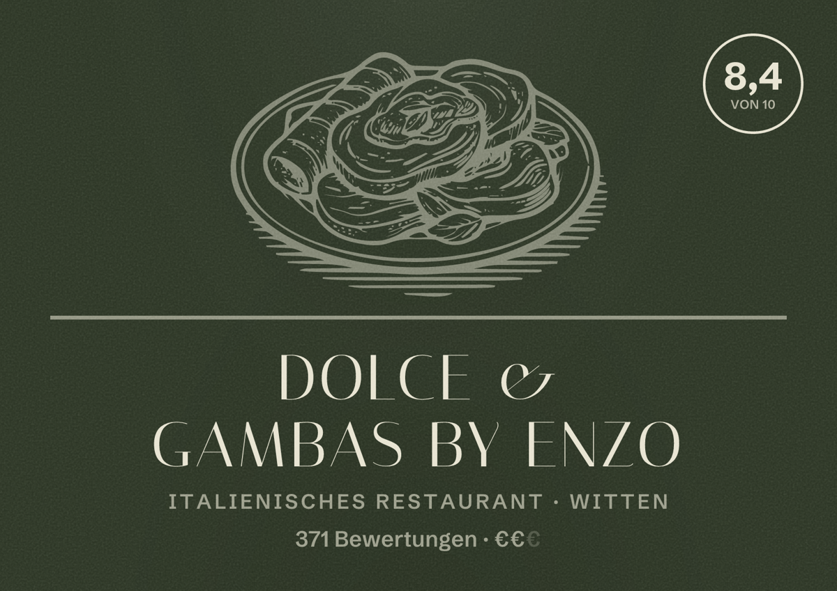 Illustriertes Poster von Dolce & Gambas by Enzo, Italienisches Restaurant in Witten: Bewertung 8,4 von 10 aus 371 Bewertungen, Preisniveau €€